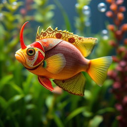 A vibrant Flower Horn fish adorned with an exquisitely designed hijab, swimming gracefully in a serene aquatic environment