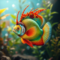 A vibrant Flower Horn fish adorned with an exquisitely designed hijab, swimming gracefully in a serene aquatic environment