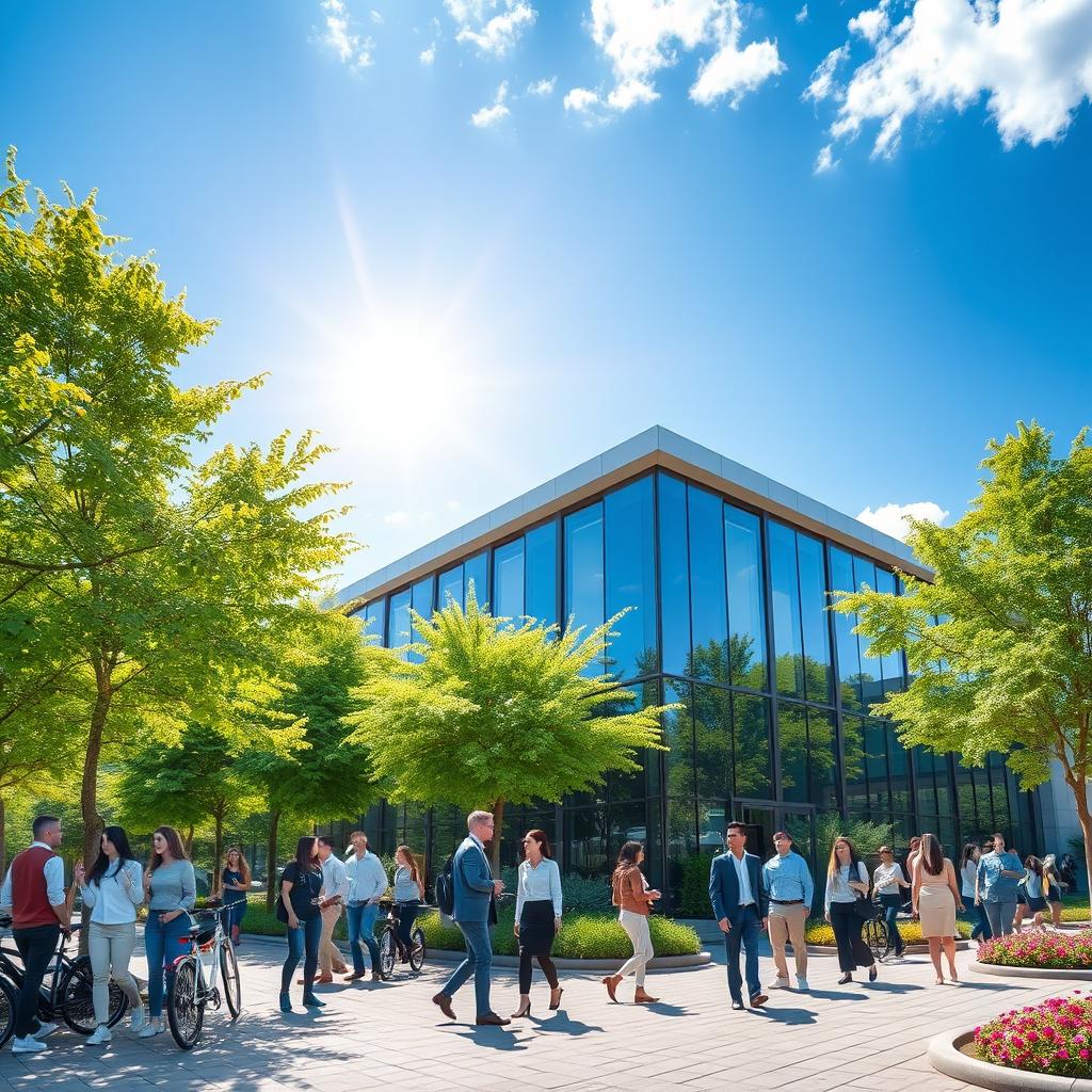 A vibrant outdoor scene depicting a modern corporate office building surrounded by lush green trees and colorful flowers