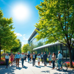 A vibrant outdoor scene depicting a modern corporate office building surrounded by lush green trees and colorful flowers