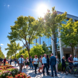 A vibrant outdoor scene depicting a modern corporate office building surrounded by lush green trees and colorful flowers