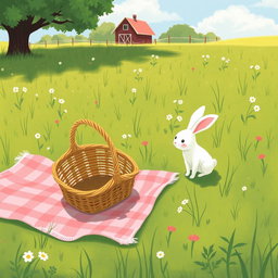 On a sunny day, in a farm meadow, a pink picnic blanket is laid out on the lush green grass, with an overturned empty basket resting on it