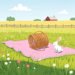 On a sunny day, in a farm meadow, a pink picnic blanket is laid out on the lush green grass, with an overturned empty basket resting on it