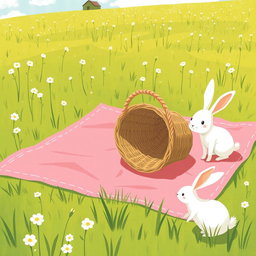 On a sunny day, in a farm meadow, a pink picnic blanket is laid out on the lush green grass, with an overturned empty basket resting on it