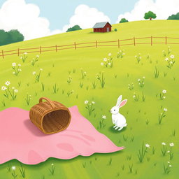 On a sunny day, in a farm meadow, a pink picnic blanket is laid out on the lush green grass, with an overturned empty basket resting on it
