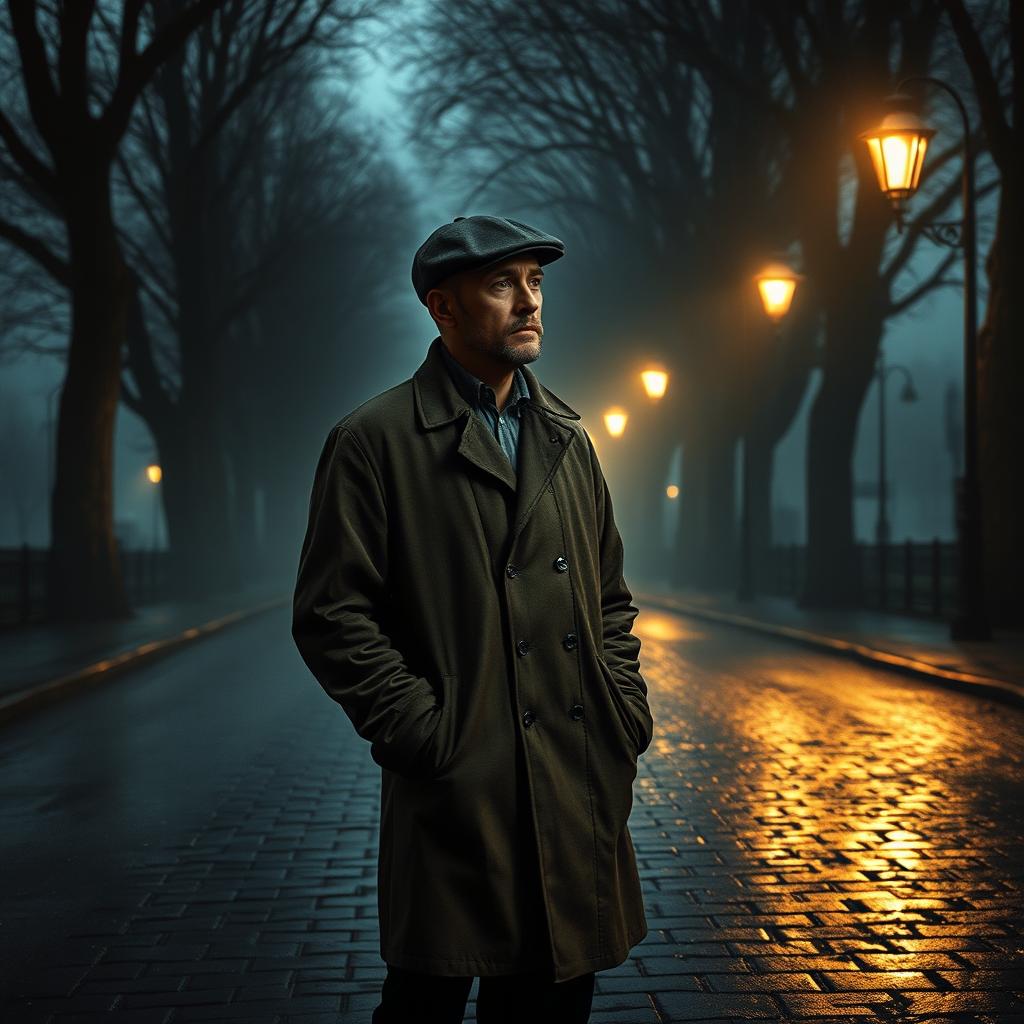 A sad man standing alone on a vintage, dark, misty road