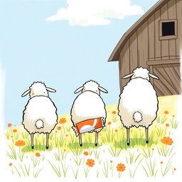 On a sunny day in a vibrant farm meadow, a group of playful sheep are standing with their backs turned, pretending to graze on the grass