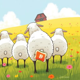 On a sunny day in a vibrant farm meadow, a group of playful sheep are standing with their backs turned, pretending to graze on the grass