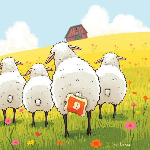 On a sunny day in a vibrant farm meadow, a group of playful sheep are standing with their backs turned, pretending to graze on the grass