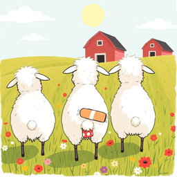 On a sunny day in a vibrant farm meadow, a group of playful sheep are standing with their backs turned, pretending to graze on the grass