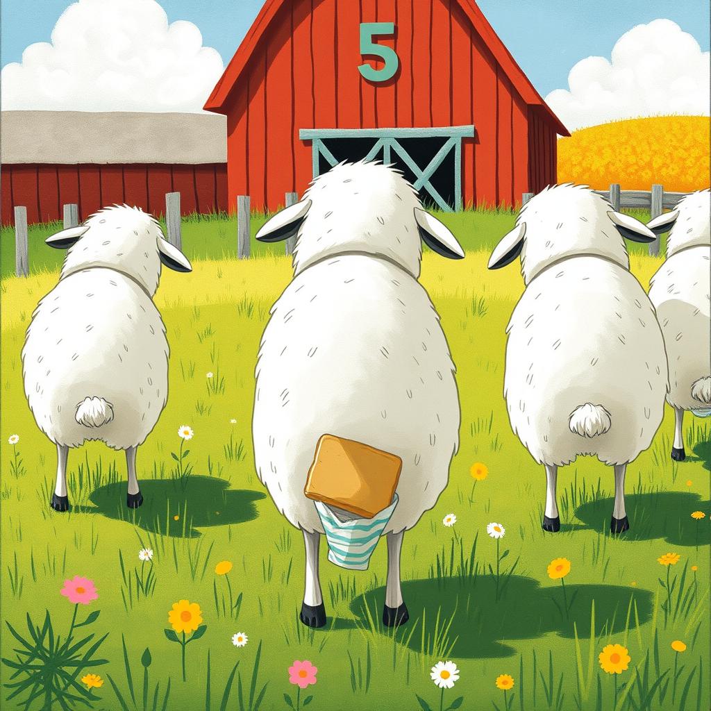 On a sunny day in a vibrant farm meadow, a group of playful sheep are standing with their backs turned, pretending to graze on the grass