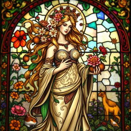 A stunning representation of the Goddess of Fertility, embodying vitality and abundance, set against a captivating stained glass background