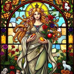 A stunning representation of the Goddess of Fertility, embodying vitality and abundance, set against a captivating stained glass background