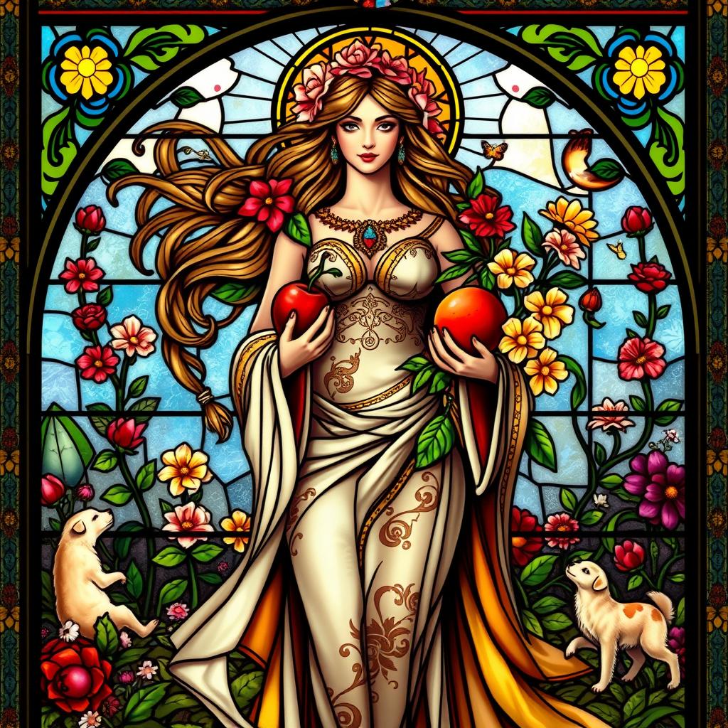 A stunning representation of the Goddess of Fertility, embodying vitality and abundance, set against a captivating stained glass background