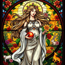 A stunning representation of the Goddess of Fertility, embodying vitality and abundance, set against a captivating stained glass background
