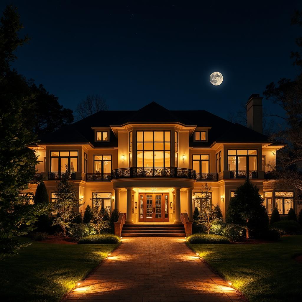 A large luxurious house at night, beautifully illuminated with warm lights that create a welcoming glow