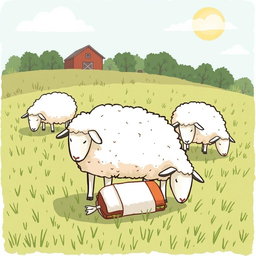 On a sunny day in a farm meadow, several sheep are grazing peacefully with their heads down, enjoying the lush grass