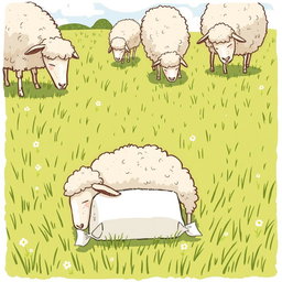 On a sunny day in a farm meadow, several sheep are grazing peacefully with their heads down, enjoying the lush grass