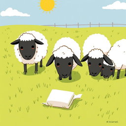 On a sunny day in a farm meadow, several sheep are grazing peacefully with their heads down, enjoying the lush grass