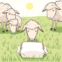 On a sunny day in a farm meadow, several sheep are grazing peacefully with their heads down, enjoying the lush grass