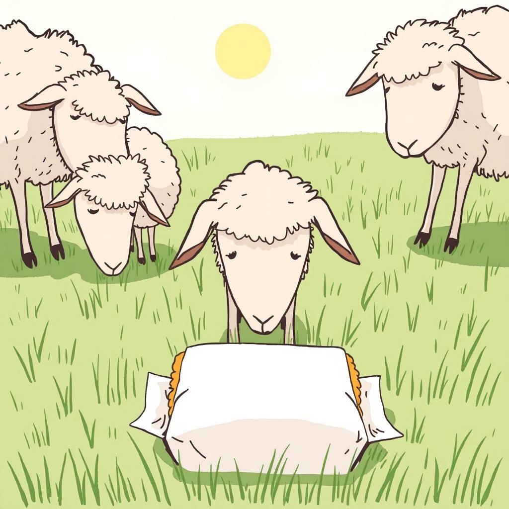 On a sunny day in a farm meadow, several sheep are grazing peacefully with their heads down, enjoying the lush grass