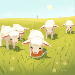 On a sunny day in a farm meadow, several little lambs are grazing happily with their heads down, enjoying the tender grass