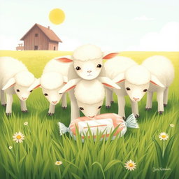 On a sunny day in a farm meadow, several little lambs are grazing happily with their heads down, enjoying the tender grass