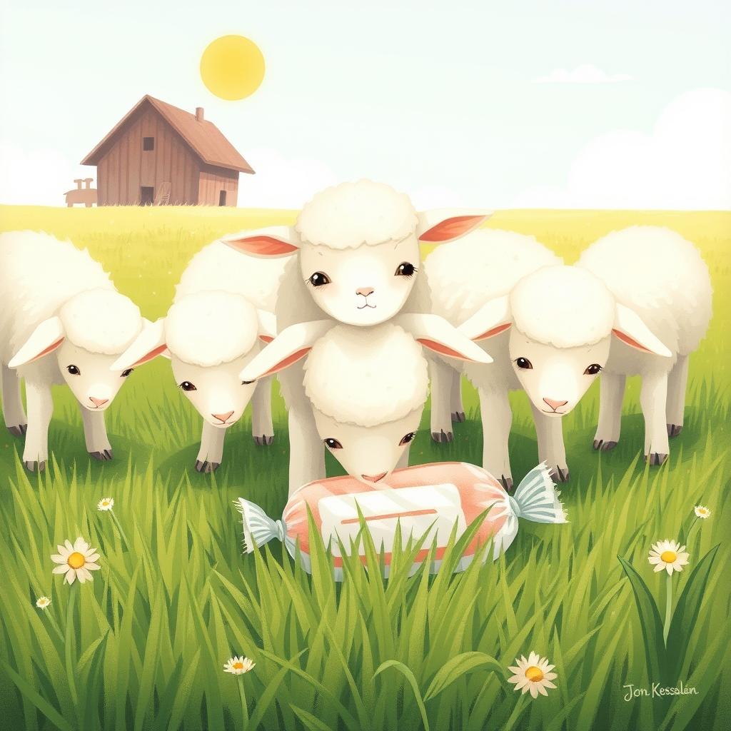 On a sunny day in a farm meadow, several little lambs are grazing happily with their heads down, enjoying the tender grass