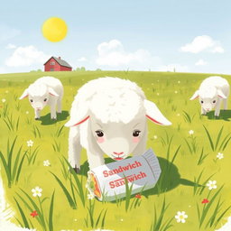 On a sunny day in a farm meadow, several little lambs are grazing happily with their heads down, enjoying the tender grass