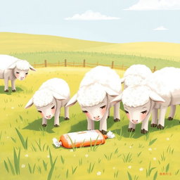 On a sunny day in a farm meadow, several little lambs are grazing happily with their heads down, enjoying the tender grass