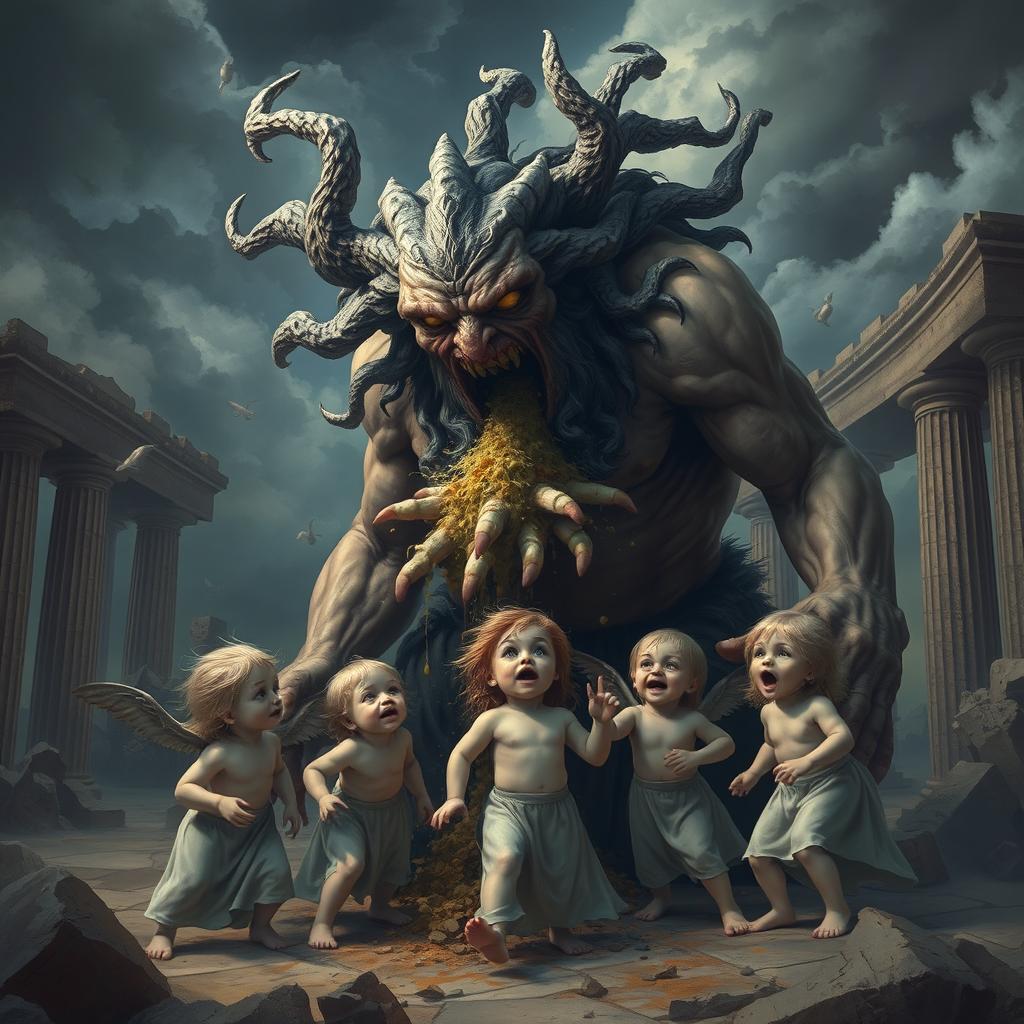 A dramatic depiction of Cronos from Greek mythology in a mythical landscape