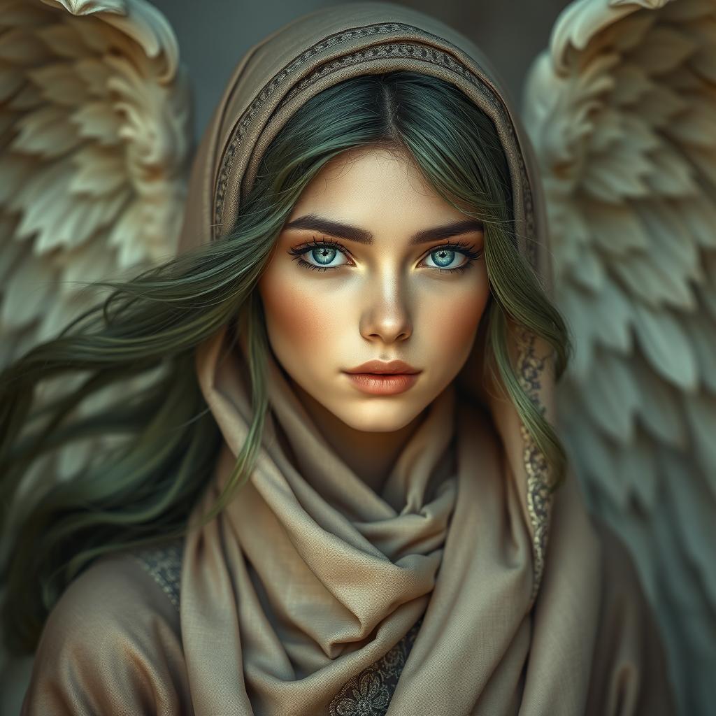 A very beautiful angel with flowing green hair, wearing a stylish headscarf that complements her look