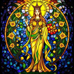A radiant fertility goddess depicted in stunning stained glass, glowing with warm golden and green hues
