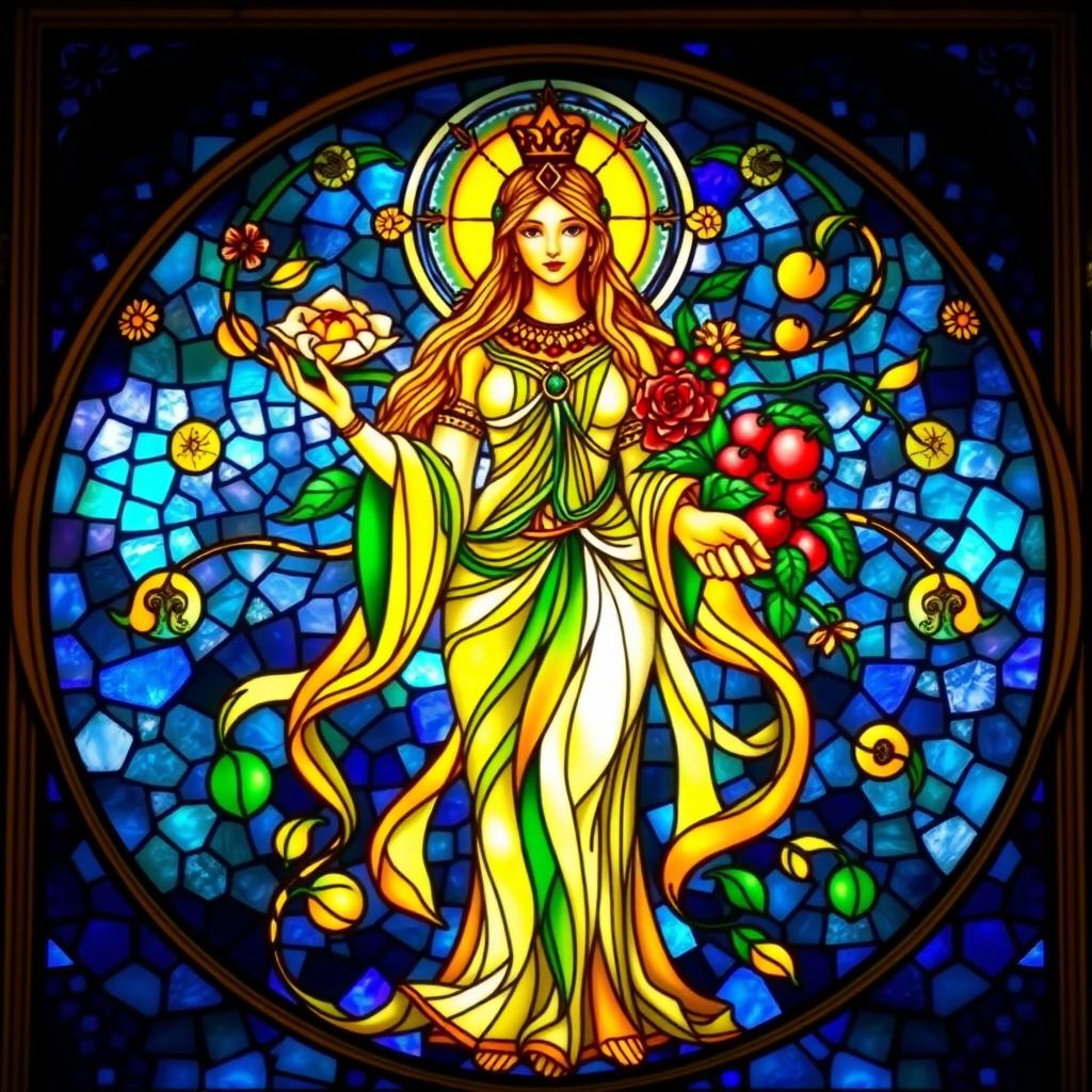 A radiant fertility goddess depicted in stunning stained glass, glowing with warm golden and green hues