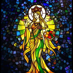 A radiant fertility goddess depicted in stunning stained glass, glowing with warm golden and green hues