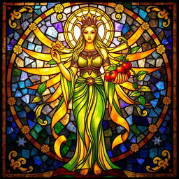 A radiant fertility goddess depicted in stunning stained glass, glowing with warm golden and green hues