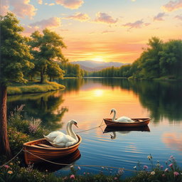 A stunningly realistic painting of a serene landscape featuring a tranquil lake surrounded by lush green trees and delicate wildflowers