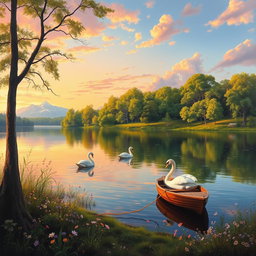 A stunningly realistic painting of a serene landscape featuring a tranquil lake surrounded by lush green trees and delicate wildflowers