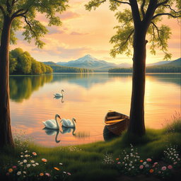 A stunningly realistic painting of a serene landscape featuring a tranquil lake surrounded by lush green trees and delicate wildflowers