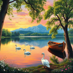 A stunningly realistic painting of a serene landscape featuring a tranquil lake surrounded by lush green trees and delicate wildflowers