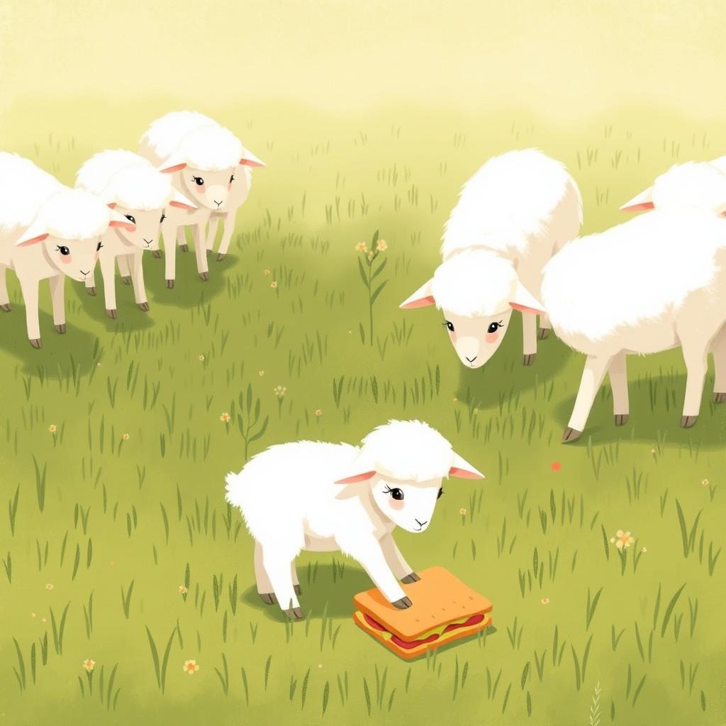 In a serene farm meadow, several little lambs are happily grazing, each with their heads down, munching on the fresh grass