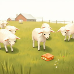 In a serene farm meadow, several little lambs are happily grazing, each with their heads down, munching on the fresh grass