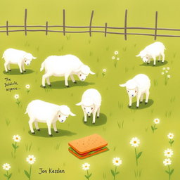 In a serene farm meadow, several little lambs are happily grazing, each with their heads down, munching on the fresh grass