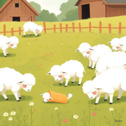 In a serene farm meadow, several little lambs are happily grazing, each with their heads down, munching on the fresh grass