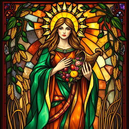 A divine Earth Mother goddess, symbolizing fertility and abundance, beautifully illustrated in the style of a stained-glass window
