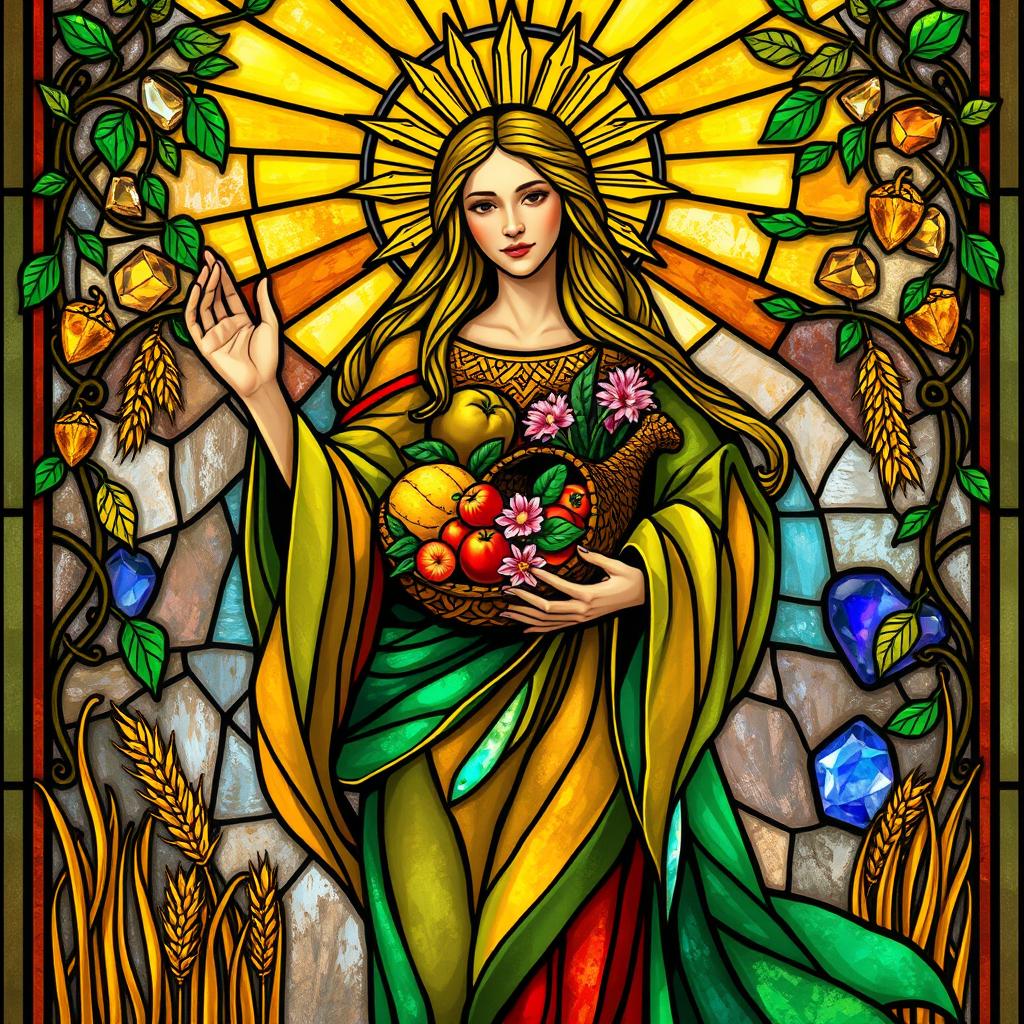 A divine Earth Mother goddess, symbolizing fertility and abundance, beautifully illustrated in the style of a stained-glass window