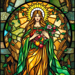 A divine Earth Mother goddess, symbolizing fertility and abundance, beautifully illustrated in the style of a stained-glass window