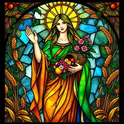 A divine Earth Mother goddess, symbolizing fertility and abundance, beautifully illustrated in the style of a stained-glass window