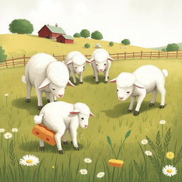 In a picturesque farm meadow, several little lambs are bent over, grazing on the tender grass