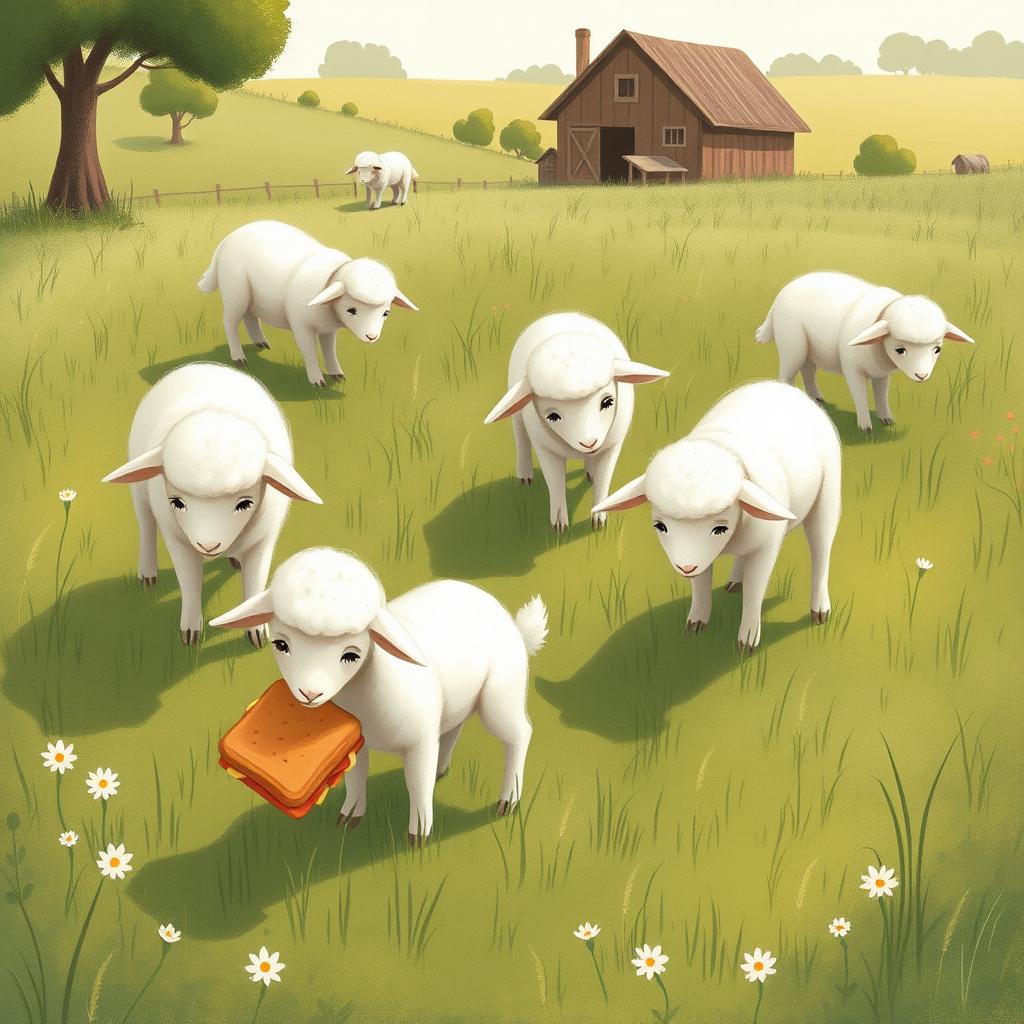 In a picturesque farm meadow, several little lambs are bent over, grazing on the tender grass